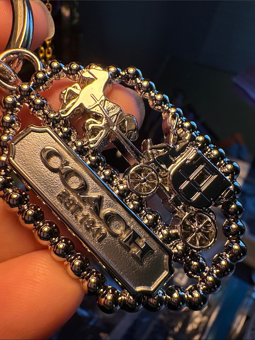 Coach Metallic Silver Carriage Logo Key Charm